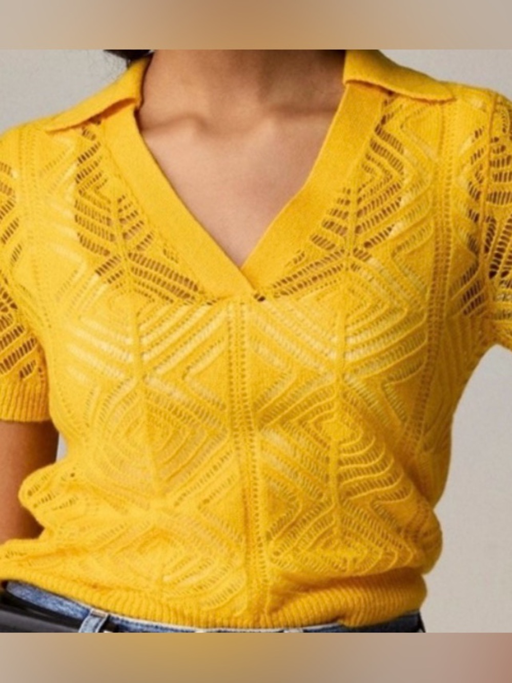 J.Crew Women's Yellow Open-Knit Cashmere V-Neck Sweater